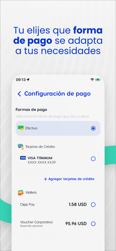 Clipp - Movilidad - Payment configuration screen in the Clipp app showing options for cash credit cards and digital wallets