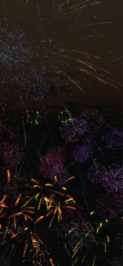 어린이를 위한 감각 앱에서 어두운 배경 위로 터지는 다채로운 불꽃놀이.