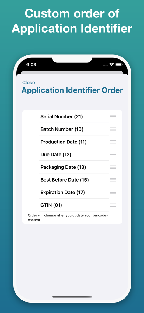 Interface for customizing the sequence of GS1 application identifiers in a barcode generator app