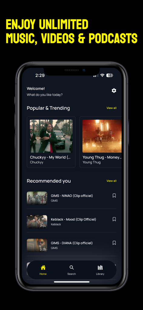 Music : Songs, Video Streaming - Discovery Player app home screen showing trending music videos and recommended songs on an iPhone