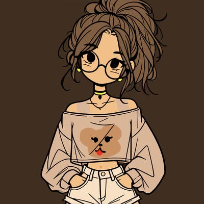 girl with a messy ponytail glasses a baggy crop top and jean shorts