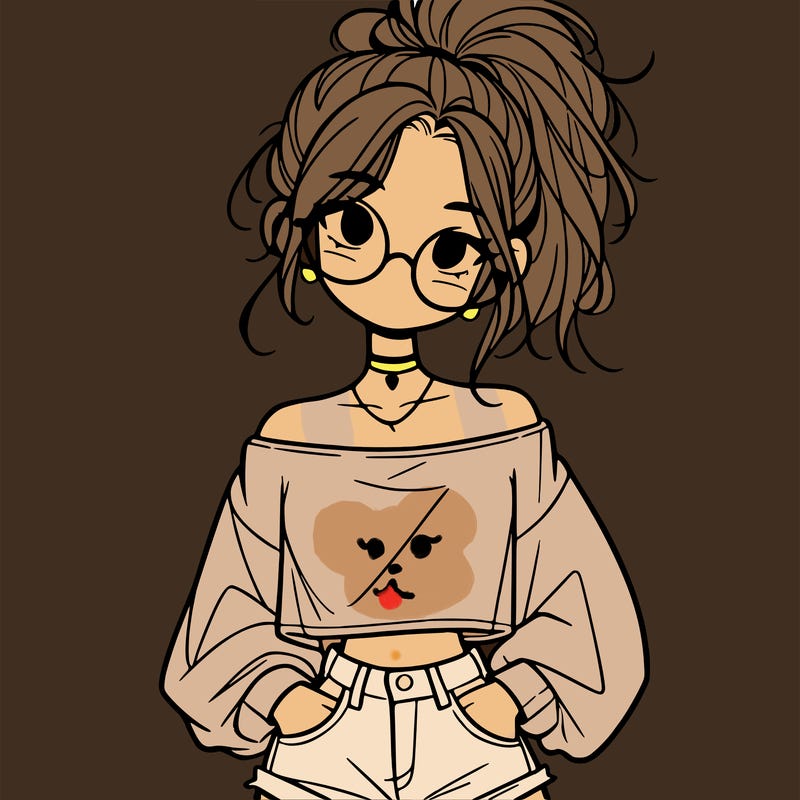 girl with a messy ponytail glasses a baggy crop top and jean shorts