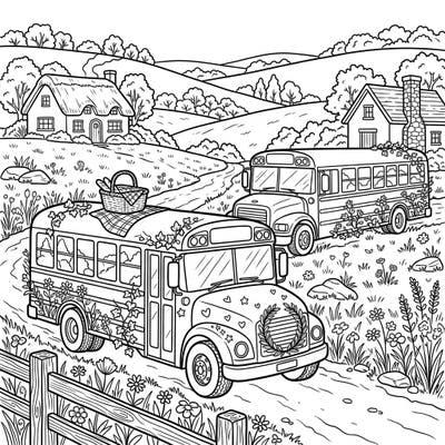Embark on a delightful coloring journey with our unique Cottagecore School Buses page, where classic vehicles meet serene rural charm. Adorned with wildflowers and set against rolling hills, this design invites you to a world of cozy creativity.