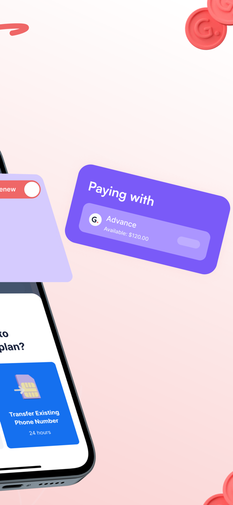 Gerald - Cash Advance - Smartphone screen displaying the Gerald app with a 120 dollar available advance and mobile plan transfer feature