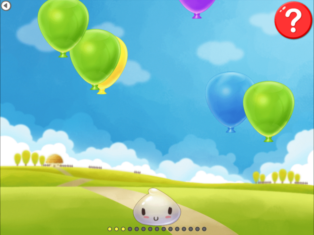 Injini balloons game screen featuring colorful floating balloons over a rolling green landscape with a friendly character