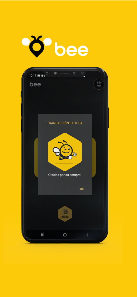 Bee App Ecuador - A smartphone screen showing a successful transaction message in the Bee App Ecuador with a yellow bee character giving a thumbs up.