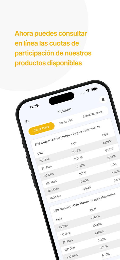 PARVAL - Parval mobile app interface showing investment rates for different financial products in the Dominican Republic