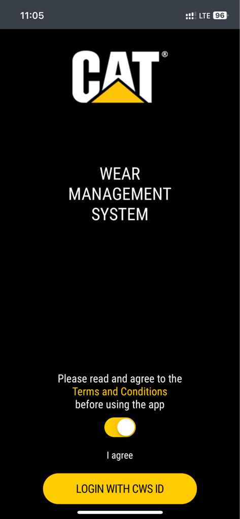 Cat® Wear Management System - L'écran de connexion de l'application Cat Wear Management System présentant le logo Caterpillar et un bouton de connexion.