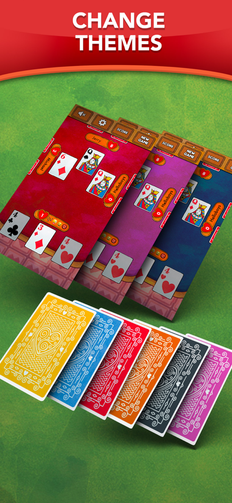 Hearts - Card Game Classic - Hearts card game interface showing various table color themes and card back designs