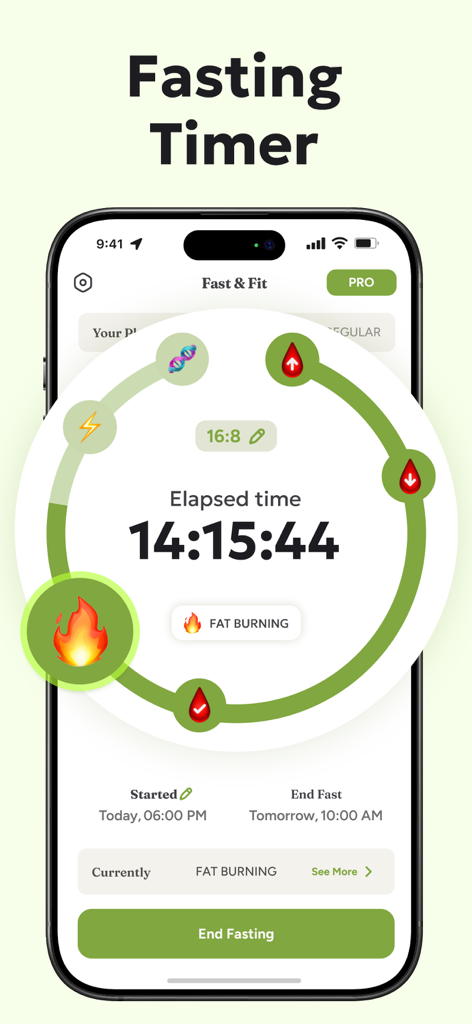 Interfaz de la app móvil mostrando un temporizador de ayuno intermitente con un rastreador de progreso metabólico circular y un indicador de quema de grasa