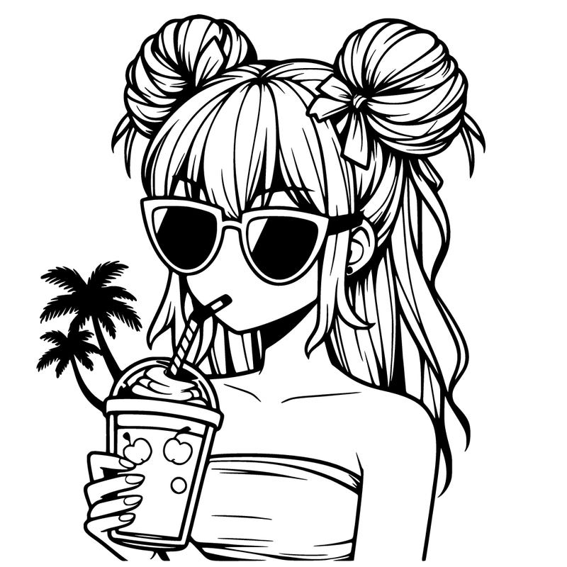 à manga girl with 2 hairbuns, palmtree shapes sunglasses and drinking a smoothy