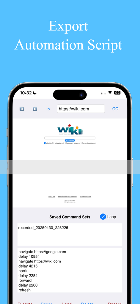ブラウザ自動化アプリのインターフェースに、モバイルデバイス上のナビゲーションと遅延アクションを含む保存されたコマンドスクリプトが表示されています。