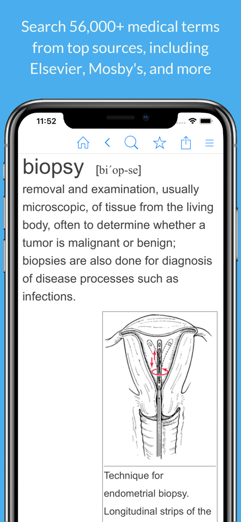 권위 있는 출처의 생검(biopsy)에 대한 의학적 정의와 삽화를 보여주는 간호 사전 앱.