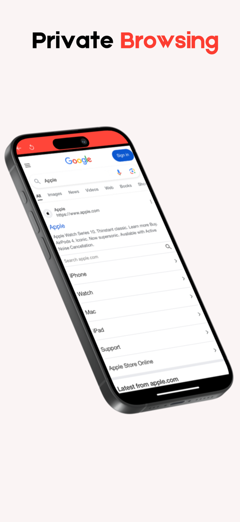 Pantalla de smartphone mostrando la función de navegación privada con resultados de búsqueda de Google para Apple