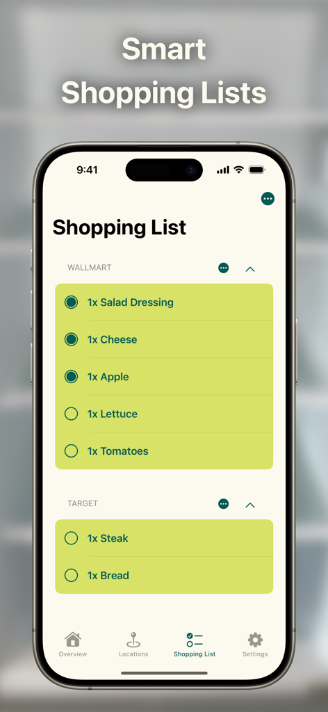 FreshKeeper - Food Overview - Interfaz de la aplicación FreshKeeper que muestra una lista de compras inteligente organizada por ubicaciones de tiendas como Walmart y Target