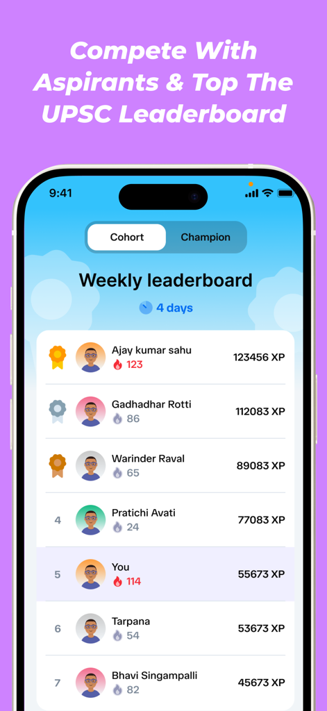 PrepAiro: UPSC CSE Prep 2026 - Weekly leaderboard in the PrepAiro UPSC prep app showing student rankings and XP