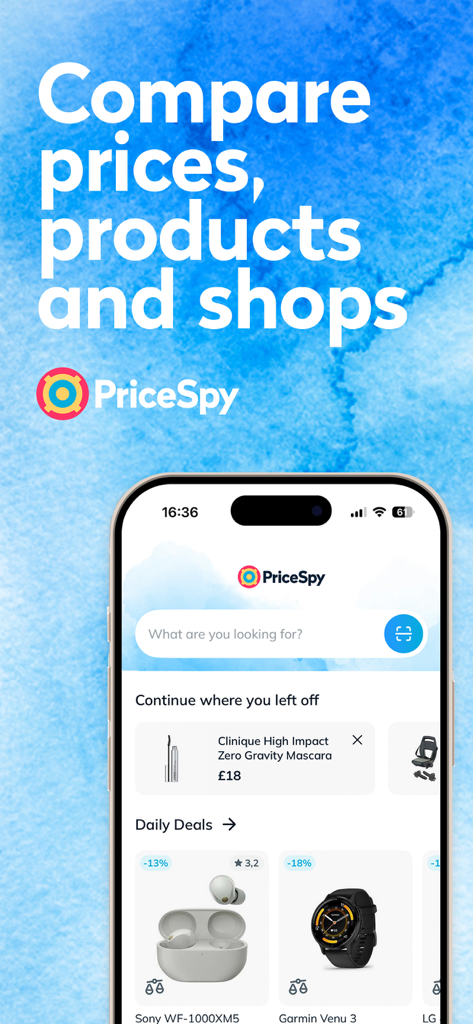 PriceSpy mobile app home screen showing search bar daily deals and price comparison features on a blue watercolor background