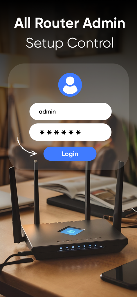 All Router Admin Setup Control - Pantalla de inicio de sesión de Control Total de Configuración de Router mostrando campos de nombre de usuario y contraseña sobre un router inalámbrico.
