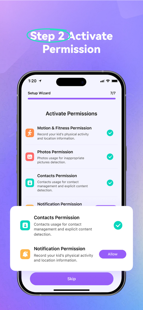 The Fammy app setup wizard showing step two to activate permissions on a child device.