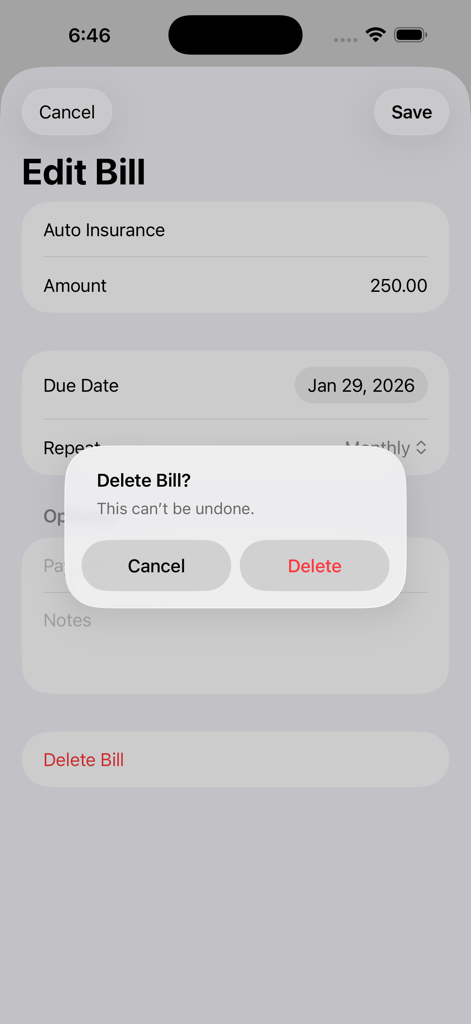 Pay It Next - Interfaccia dell'app Paga Avanti che mostra la schermata di modifica della bolletta con un popup di conferma di eliminazione per un pagamento di assicurazione auto.