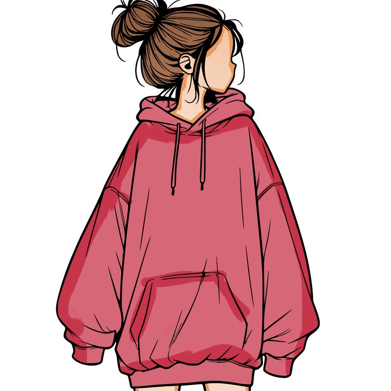 realistic girl with a oversized sweatshirt on and a bun