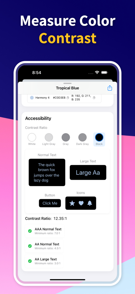 Color Identifier: Paint Match - Mobile app screen showing WCAG accessibility color contrast ratio measurement for UI design elements