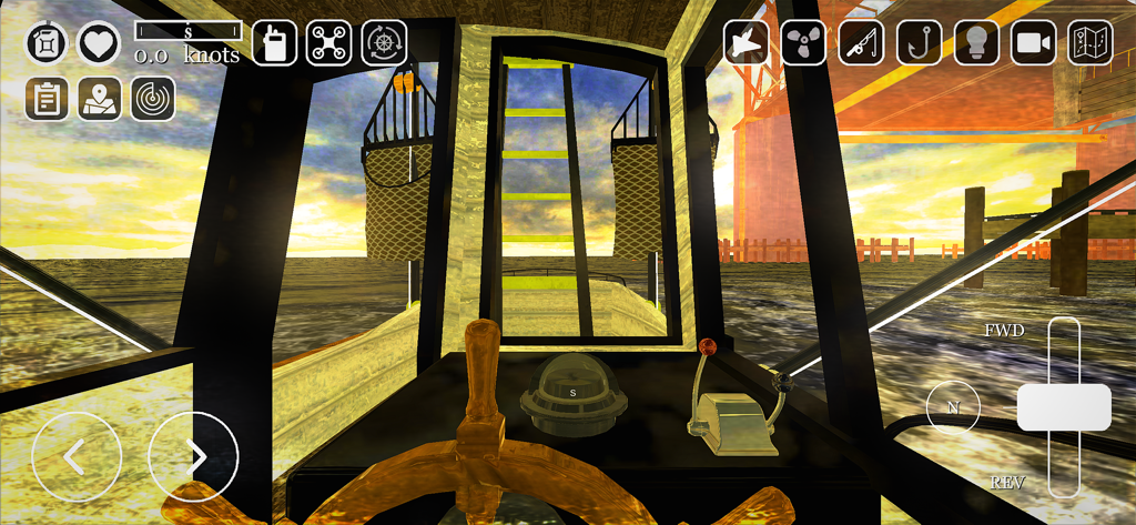First person view of a fishing boat cockpit with a steering wheel and sunset horizon