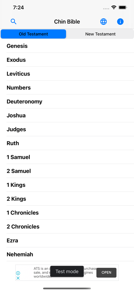 List of Old Testament books in the Chin Bible mobile app interface