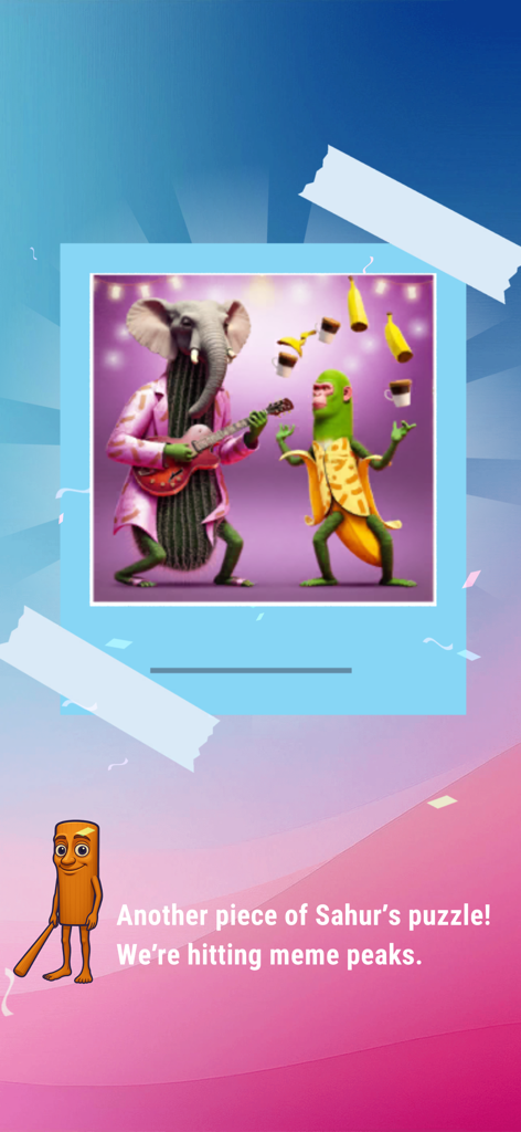 Brainrot Tile Match IQ - Merge - Um meme surreal com um elefante tocando guitarra e um macaco em um terno de banana fazendo malabarismo com bananas e café