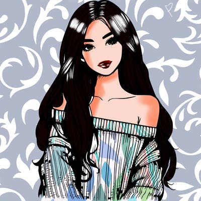 realistic girl with long hair wearing an off the shoulder sweater