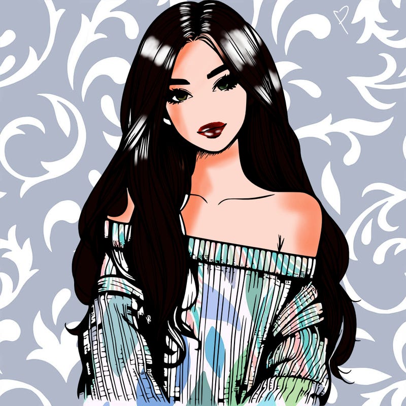 realistic girl with long hair wearing an off the shoulder sweater