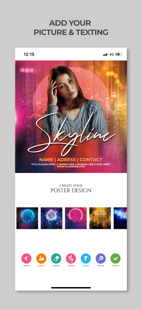 Mobile app interface for Poster Maker - Flyer Creator showing a skyline themed poster design with editing tools like text and background selection.