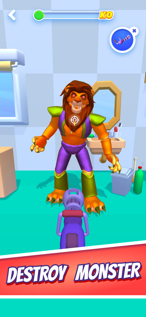A lion-headed monster character in a bathroom being targeted by a blaster in Kick Monster