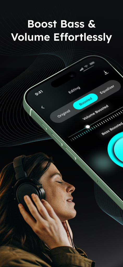 Music Equalizer: Audio Booster - Pantalla de smartphone mostrando la configuración del potenciador de graves y volumen junto a una mujer con auriculares