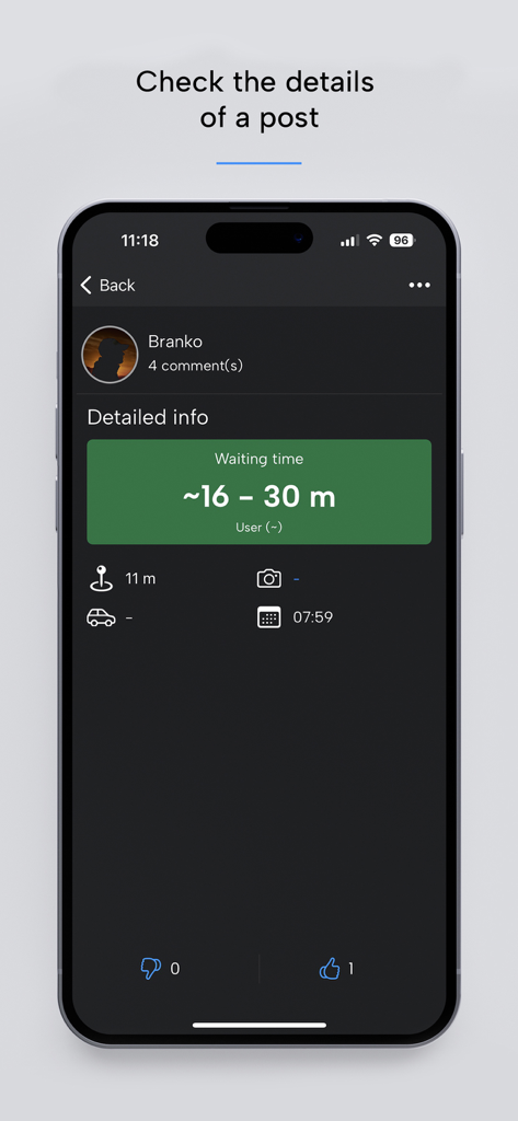 BorderWatcher app screen displaying user submitted details for border wait times