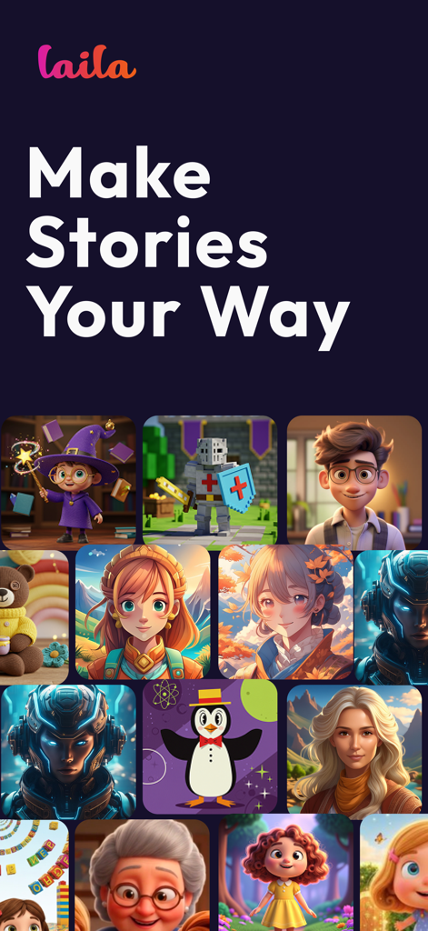 Laila: AI-Powered Storytelling - Laila app screen displaying diverse animated characters and the headline Make Stories Your Way.