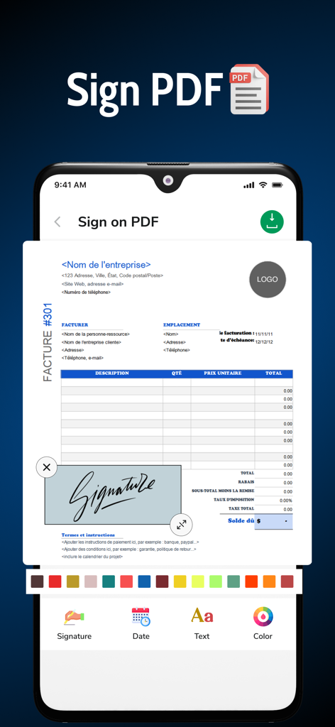 Signature Maker Sign Documents - 모바일 앱 인터페이스에 PDF 문서에 배치되는 디지털 서명 표시