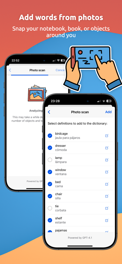 EveryWord: Memorize by Heart - EveryWord app interface showing the photo scan feature identifying and translating objects into a list of vocabulary words