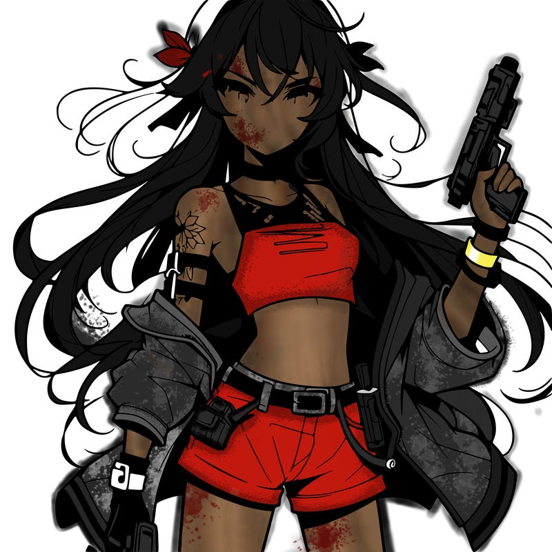 bad girl wearing crop top holding a gun long hair anime