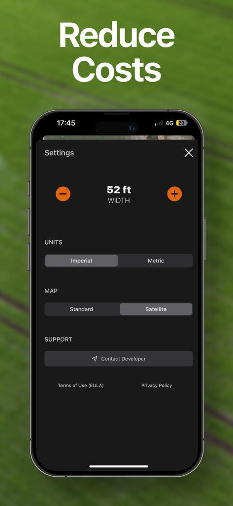 Menu de configurações do aplicativo Tractor GPS mostrando a configuração da largura do campo e as unidades de medida