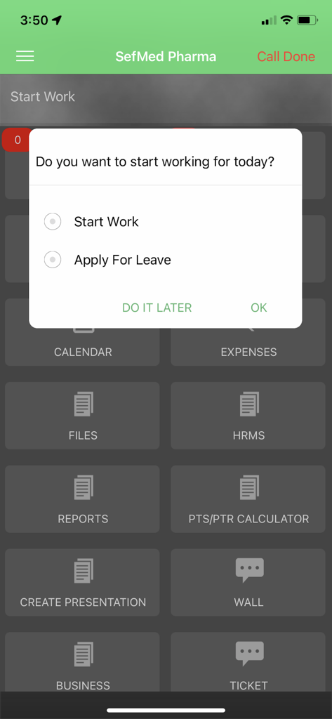 Sefmed Pharma - Sefmed Pharma mobile app interface showing attendance tracking prompt for medical representatives
