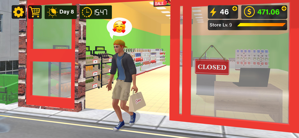 Supermarket 3D Simulation Game - Un cliente satisfecho con una bolsa de compras saliendo de una tienda de comestibles en un juego de simulación 3D