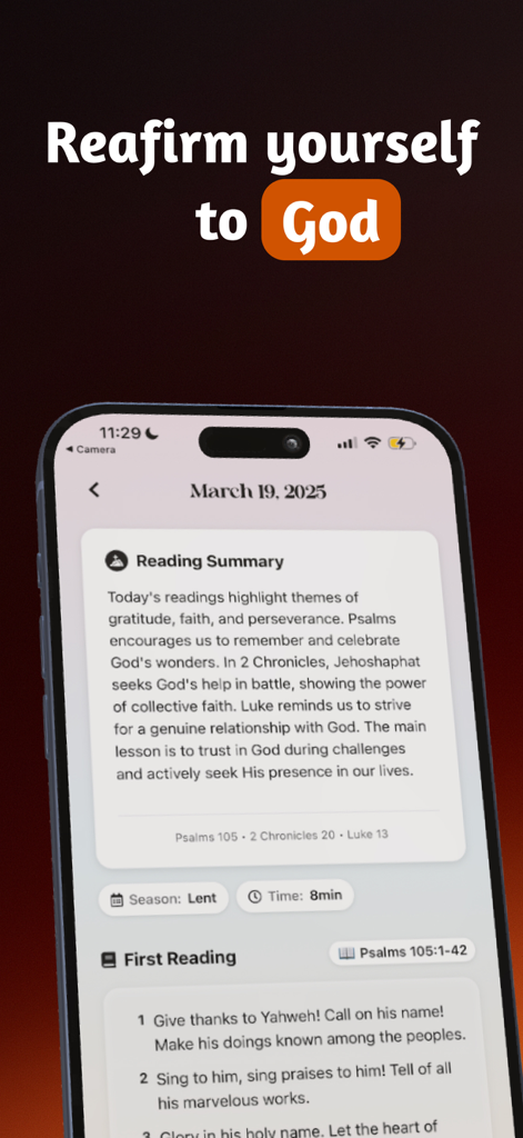 Unchaind app interface displaying a daily Bible reading summary and scriptures to help users grow in faith