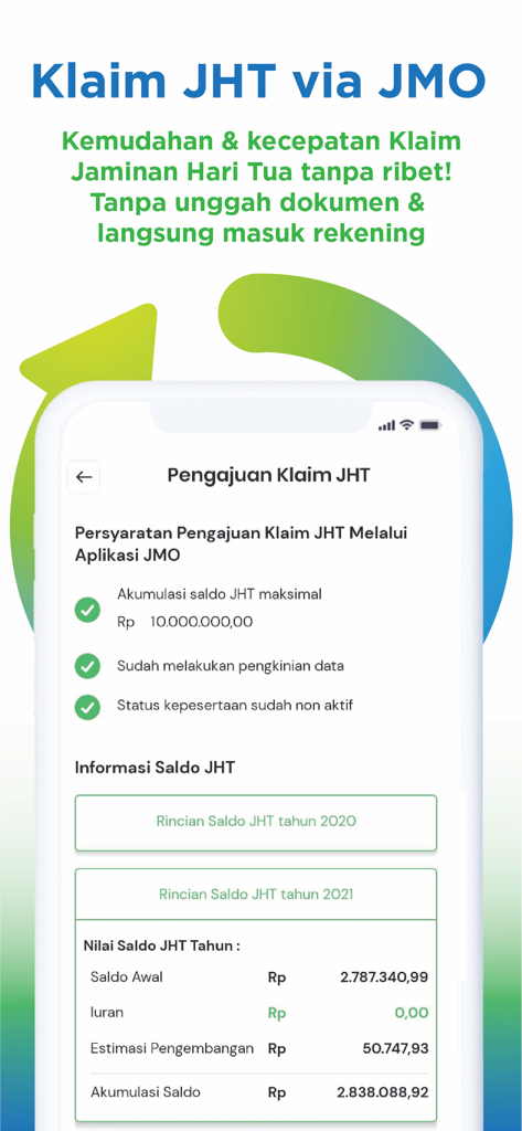 A interface do aplicativo JMO mostrando os requisitos e detalhes do saldo para uma solicitação de previdência por velhice JHT indonésia