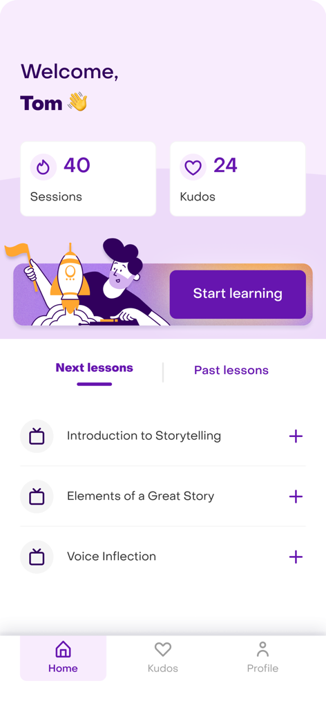 Arcade AI - Arcade AI Dashboard zeigt Benutzer-Session-Statistiken, Kudos-Zahl und eine Liste anstehender Storytelling-Lektionen.