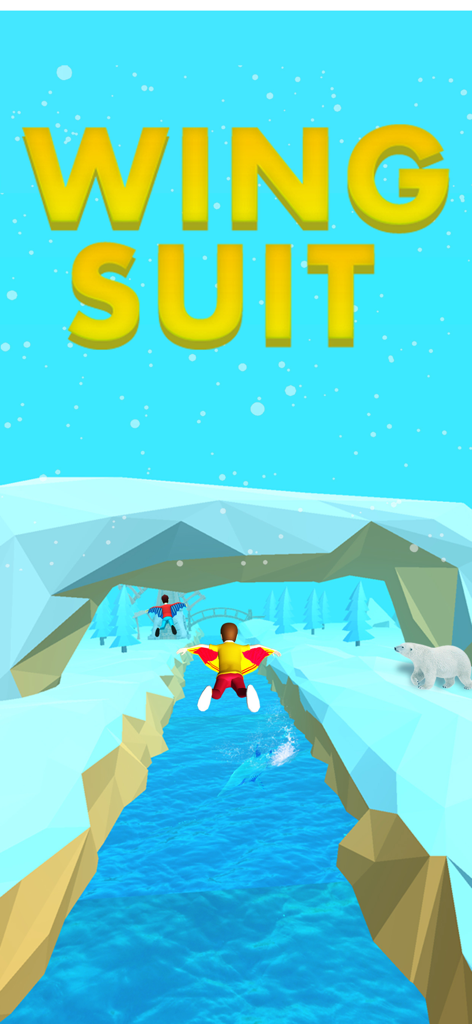 Wingsuit Ride: Skydiving Game - Un personaje volando en un traje de wingsuit a través de un cañón nevado sobre un río en un simulador de vuelo 3D.