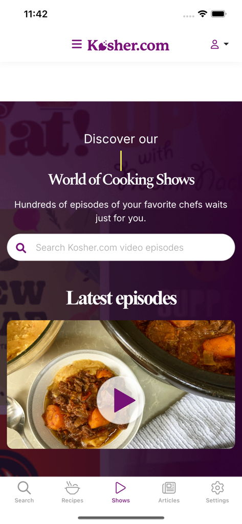 Kosher.com - The Shows tab of the Kosher.com app displaying cooking video episodes and a search bar.