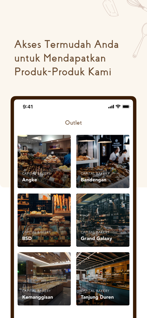 Capital Bakery - A list of Capital Bakery store outlets displayed in the mobile app interface.