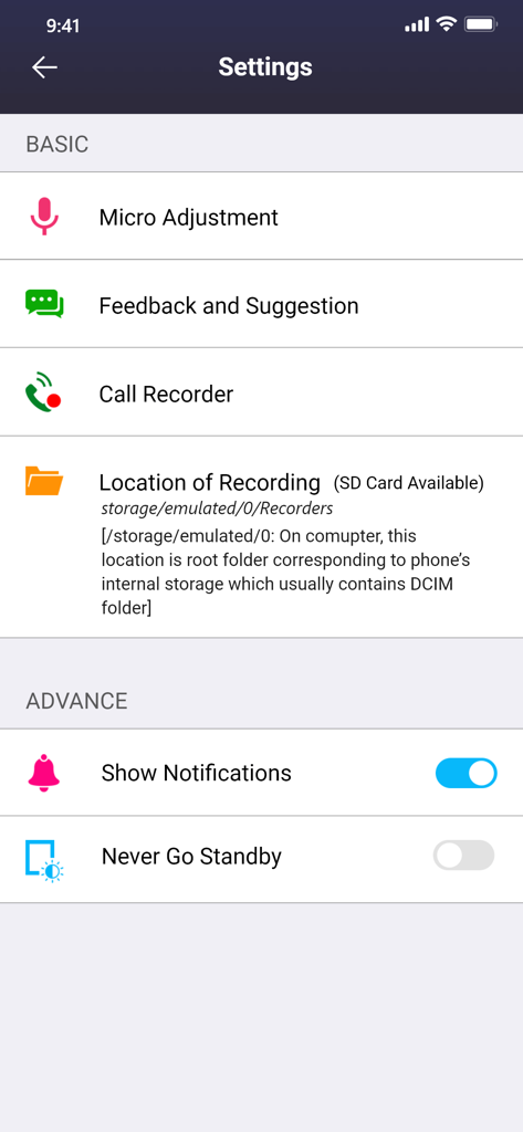 Voice recorder & editor Pro - Settings menu of the Voice recorder and editor Pro app showing audio configuration options