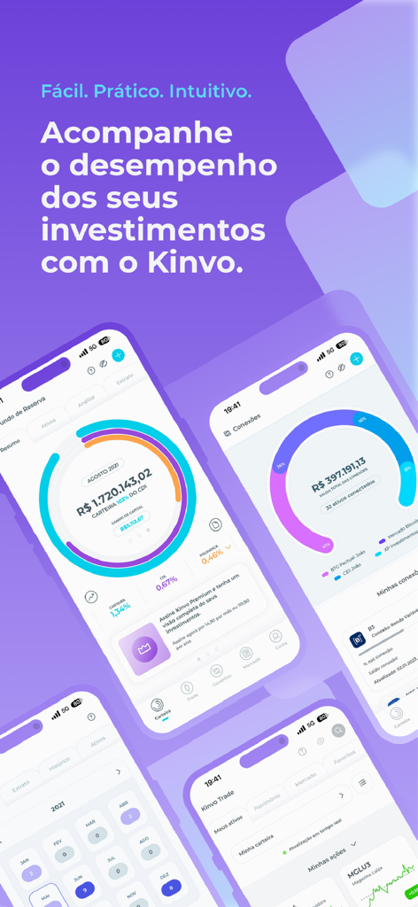 Kinvo: otimize investimentos - Kinvo mobile app interface displaying investment portfolio dashboards and financial performance charts.
